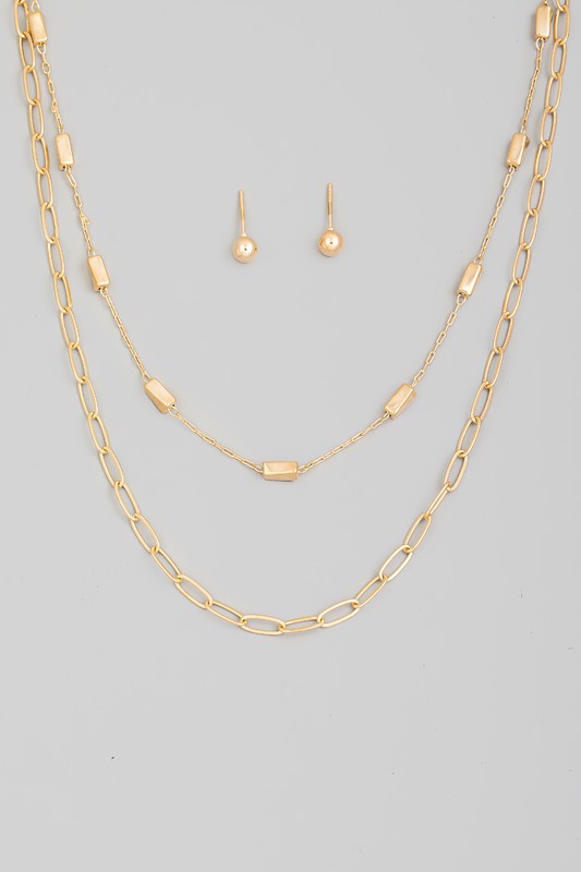 Metallic Layered Chains Necklace Set - Gold