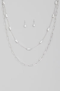 Metallic Layered Chains Necklace Set - Silver