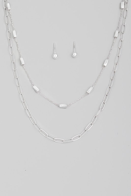 Metallic Layered Chains Necklace Set - Silver