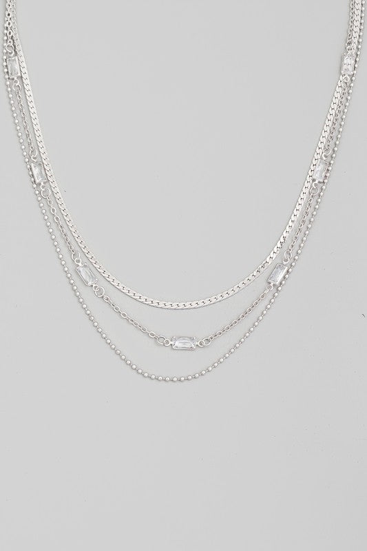 Rectangle Rhinestones Layered Chains Necklace - Silver