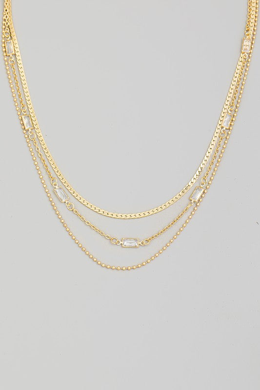 Rectangle Rhinestones Layered Chains Necklace - Gold