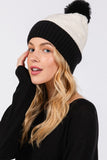 Two Tone Fleeced Pom Pom Beanie - Black