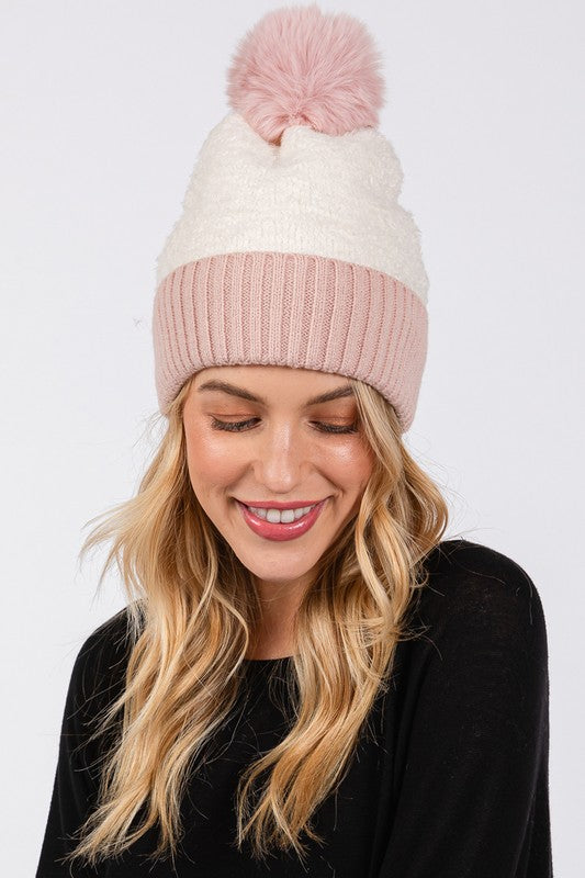 Two Tone Fleeced Pom Pom Beanie - Pink