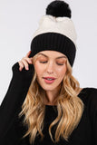 Two Tone Fleeced Pom Pom Beanie - Black