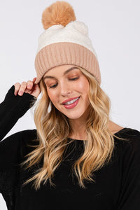 Two Tone Fleeced Pom Pom Beanie - Taupe