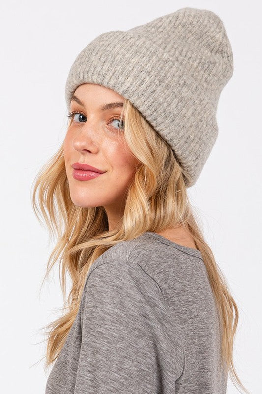 Wool Blend Ribbed Beanie - Grey